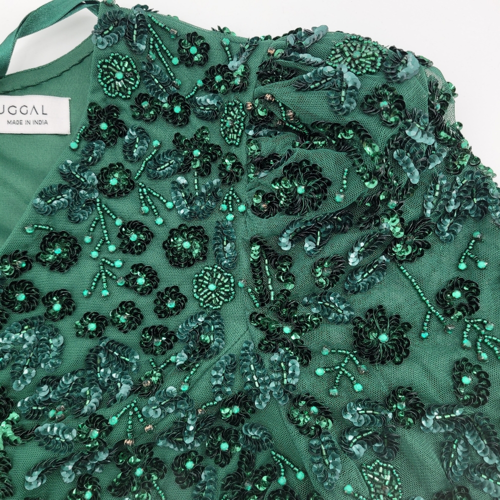 Mac Duggal Green Embellished V Neck 3/4 Sleeve A Line Gown - Picture 14 of 15